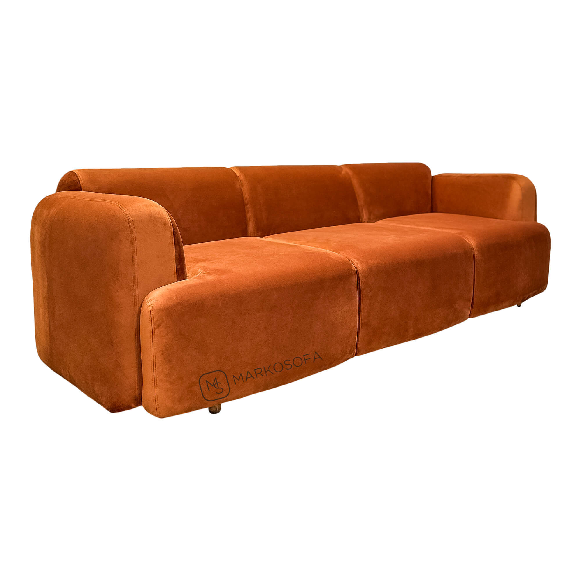 Реплика дивана Swell от Normann Copenhagen на заказ от фабрики Марко Софа в рыжем велюре на ножках из массива бука