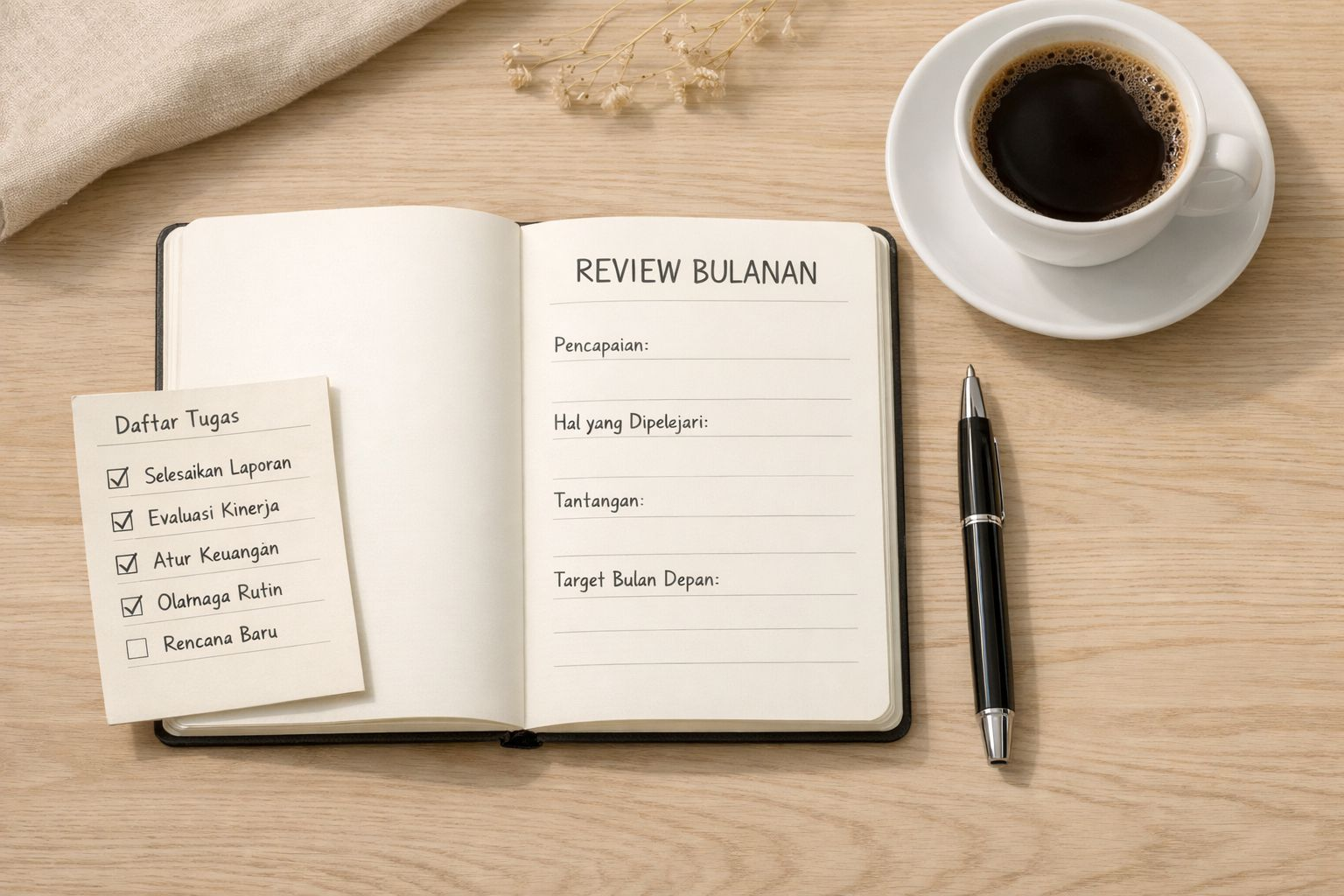 Catatan review bulanan keuangan pribadi di meja kerja untuk mengevaluasi pemasukan dan pengeluaran