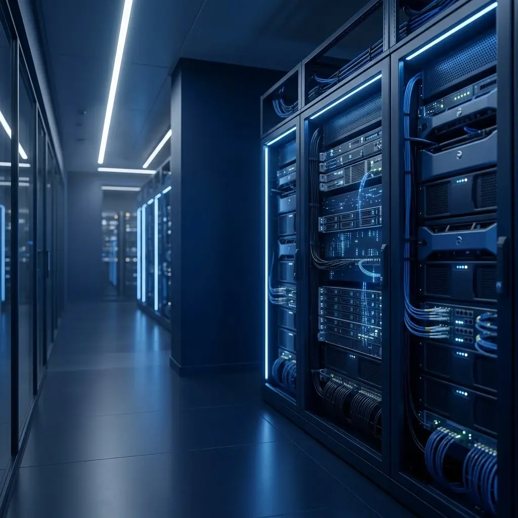 Серверная инфраструктура в дата-центре: стойки с оборудованием для корпоративной сети