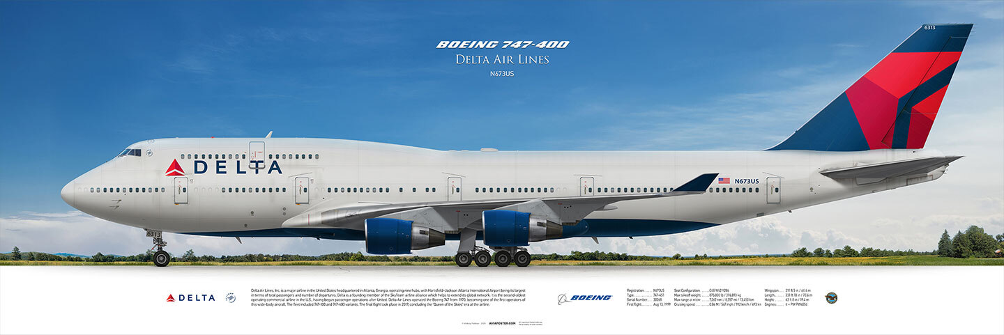 Boeing 747 Delta Air Lines, постер с изображением самолёта на фоне пейзажа