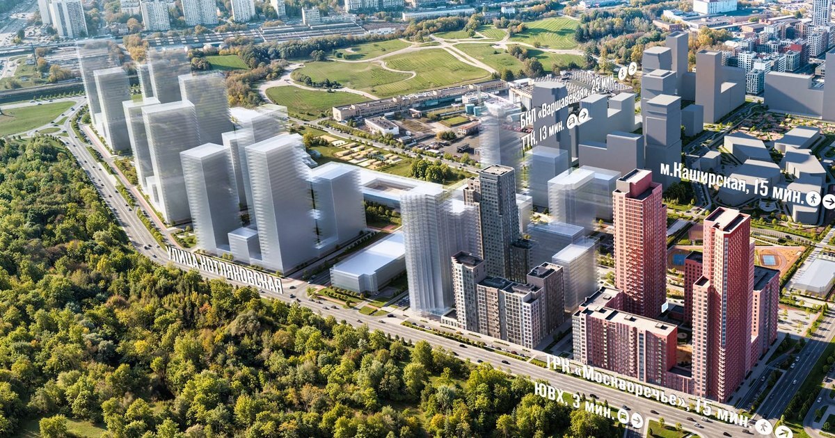 Визуализация квартала ЖК Москворечье с подписями расстояний до метро Каширская
