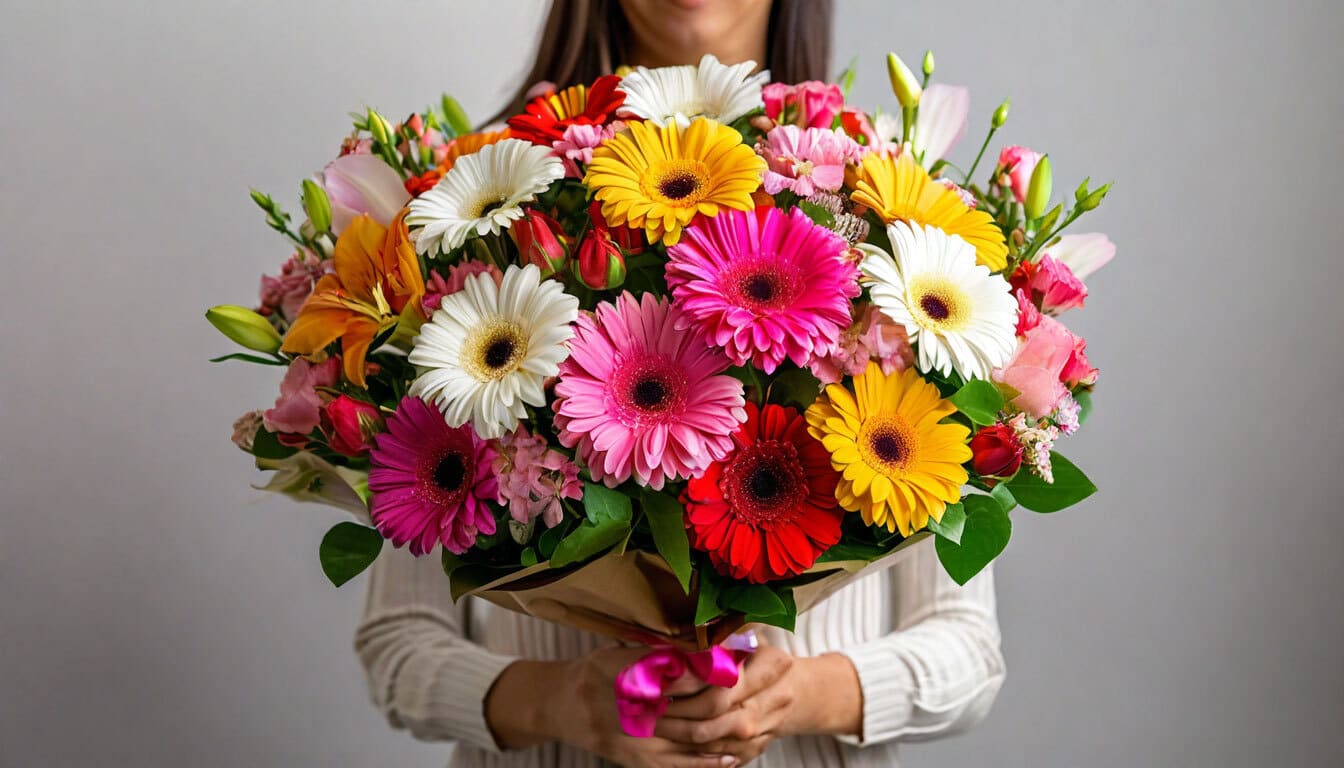 Colorful gerbera bouquet with pink yellow white and red flowers for flower delivery in Rabat Morocco