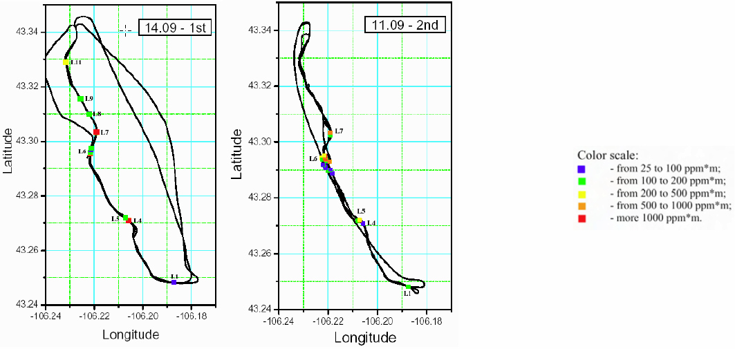 Figure 7. Flight route example with some recorded leaks (color of the leak mark corresponds to gas concentration).