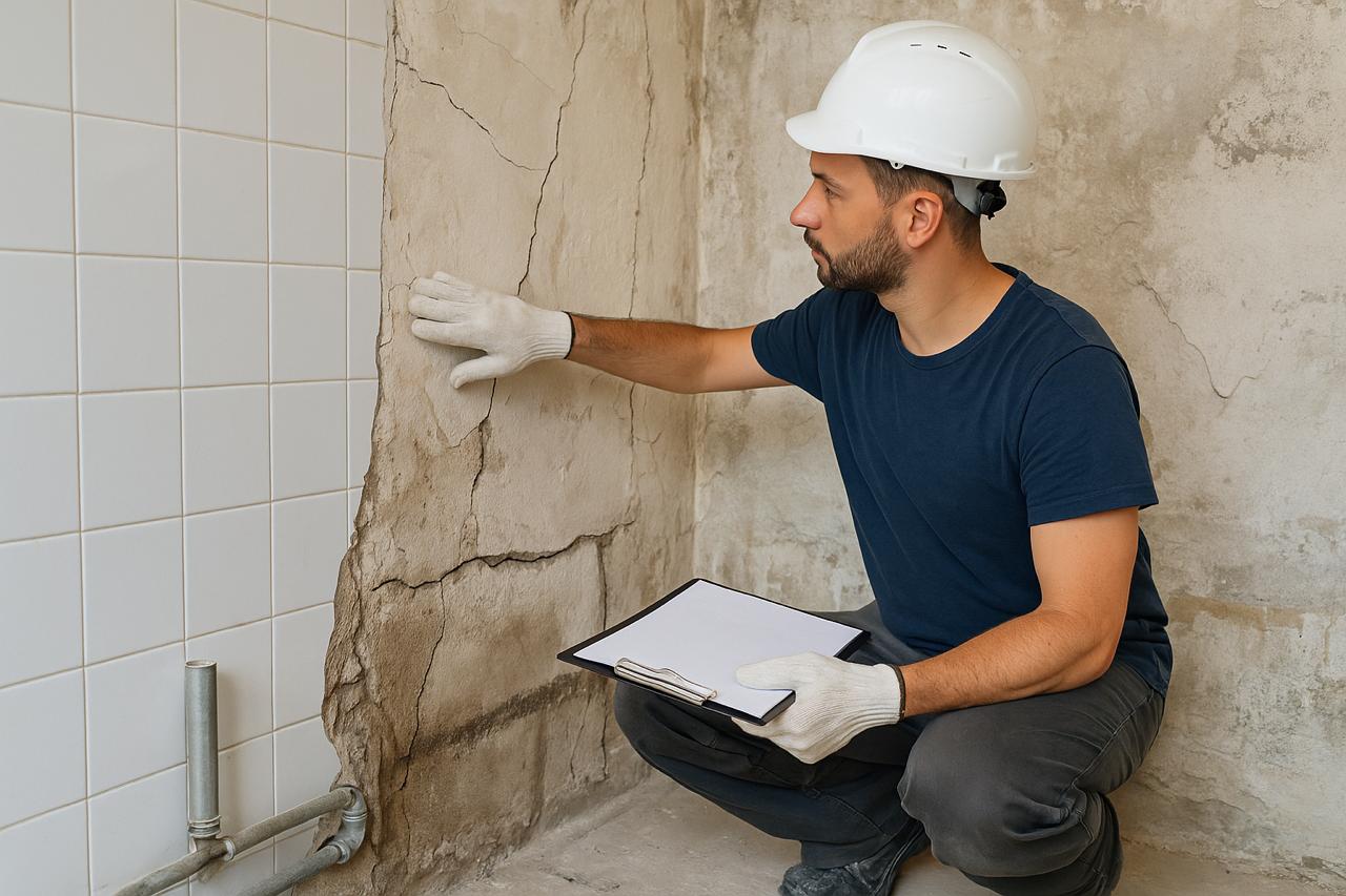 предварителен оглед преди къртене на баня – работник проверява стена и инсталации, подготвя безопасно начало на ремонта