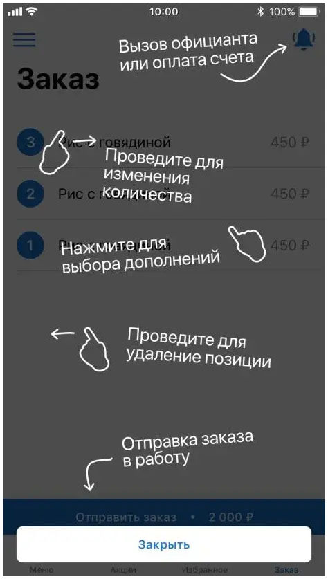 Подсказка по жестам на экране заказа: провести для изменения количества, нажать для дополнений, провести для удаления