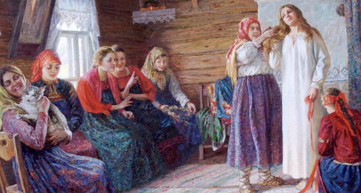 На картинке подруги невесты подготавливают её к выходу к жениху