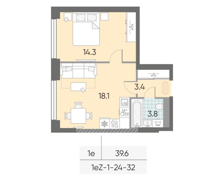 Планировка 1-комнатной евроквартиры 39,6 м² в ЖК «МАРК»: дом 33, 26-й этаж