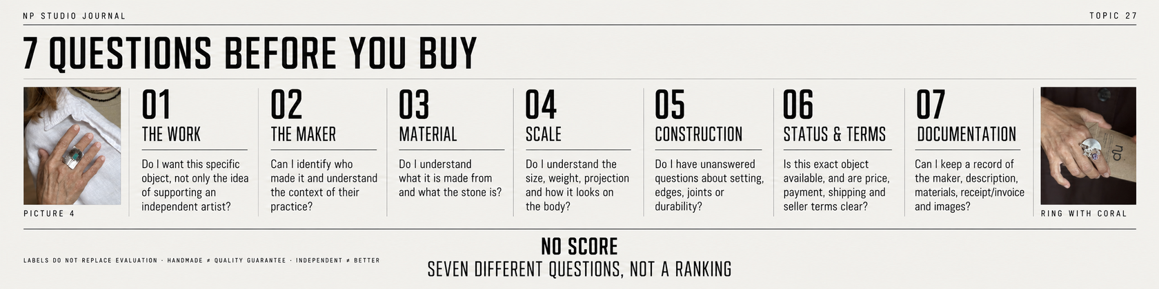 Seven questions before buying jewelry from an independent artist: work, maker, material, scale, construction, status and documentation