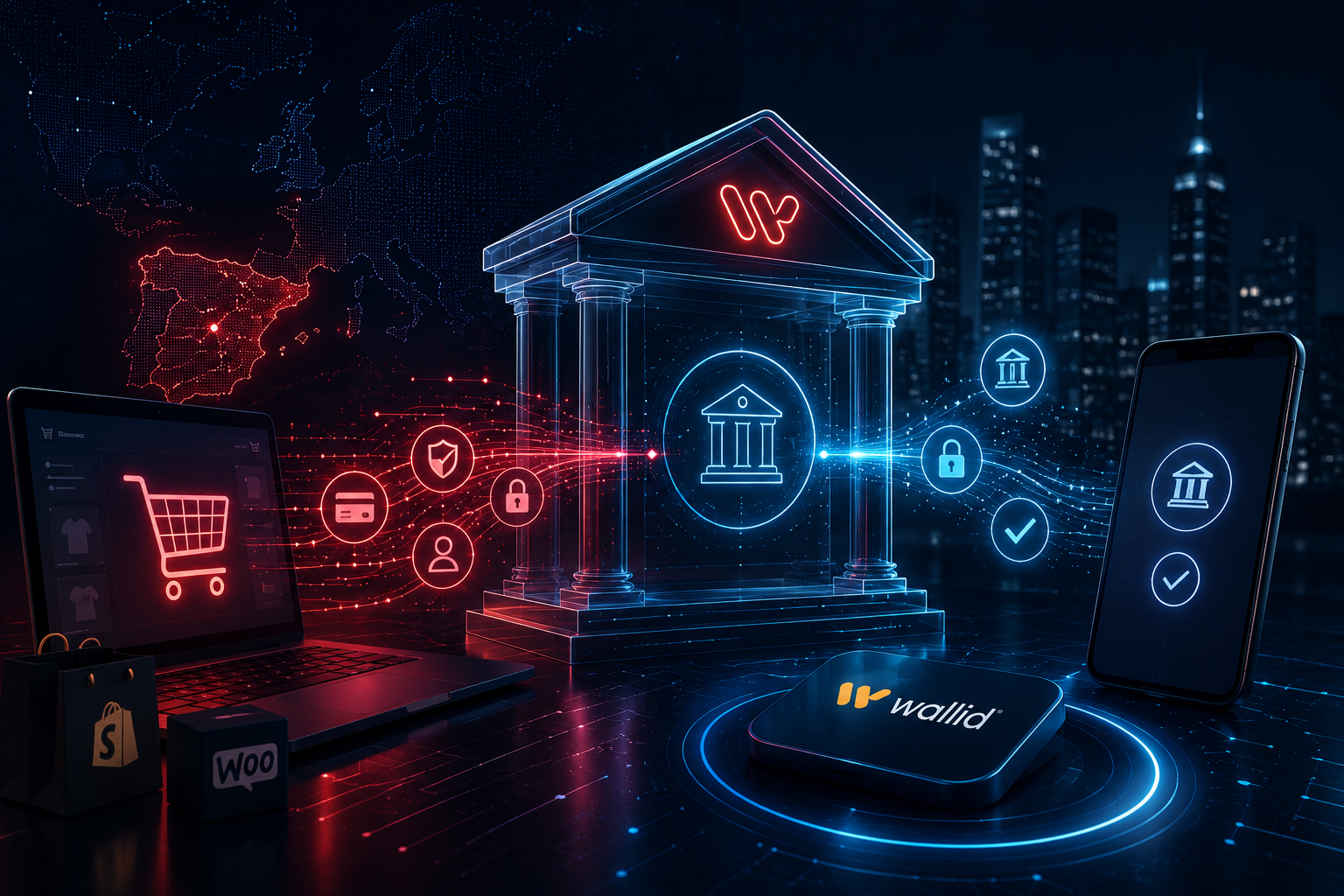Infraestructura futurista de pagos cuenta a cuenta para tiendas Shopify y WooCommerce en España con integración bancaria digital y tecnología fintech de Wallid