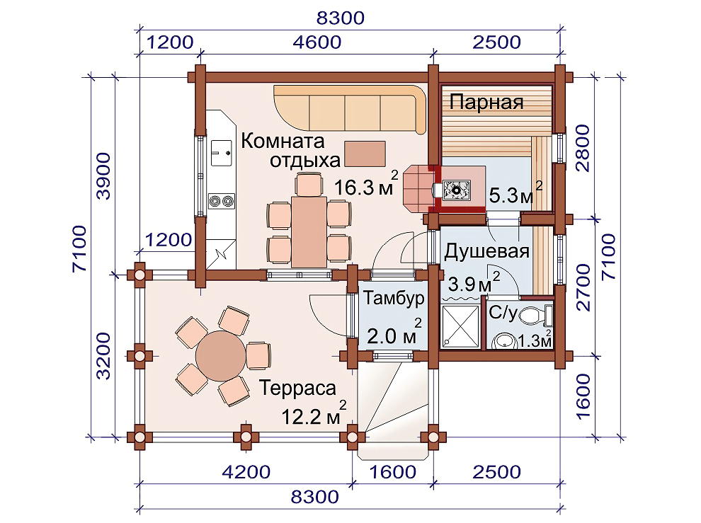 Баня со спальней одноэтажная и комнатой отдыха