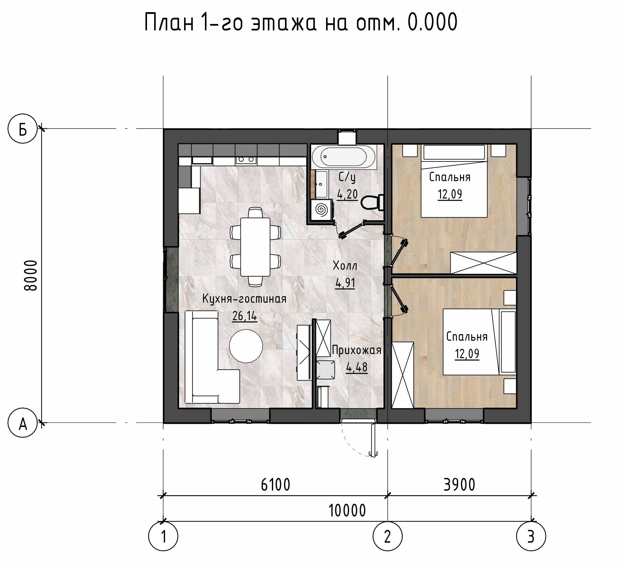 Планировка маленького одноэтажного дома с двумя спальнями, кухней-гостиной и совмещенным санузлом
