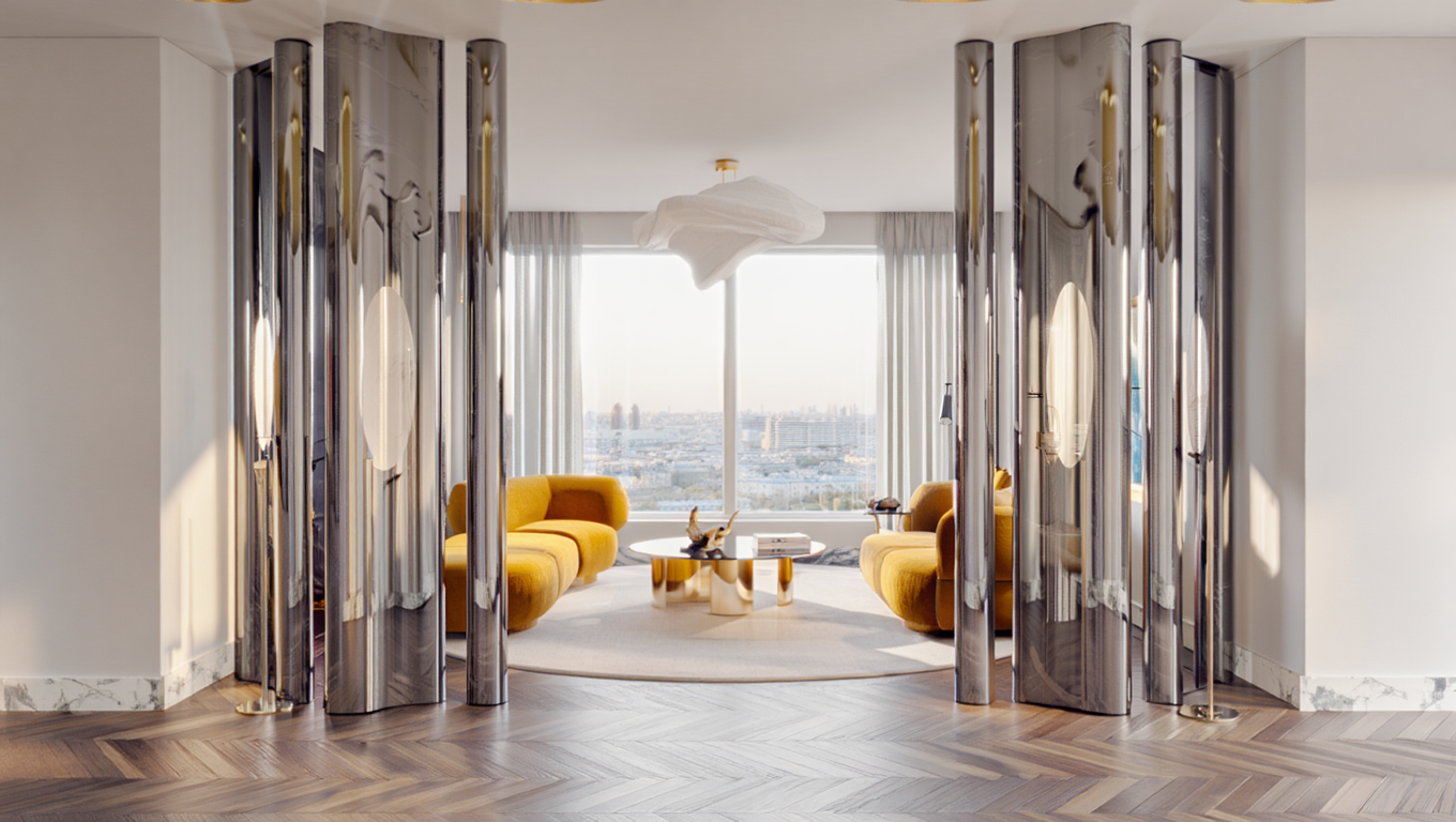 Светлая гостиная с панорамным окном: горчичные диваны, латунный круглый стол, зеркальные колонны и паркет «ёлка».