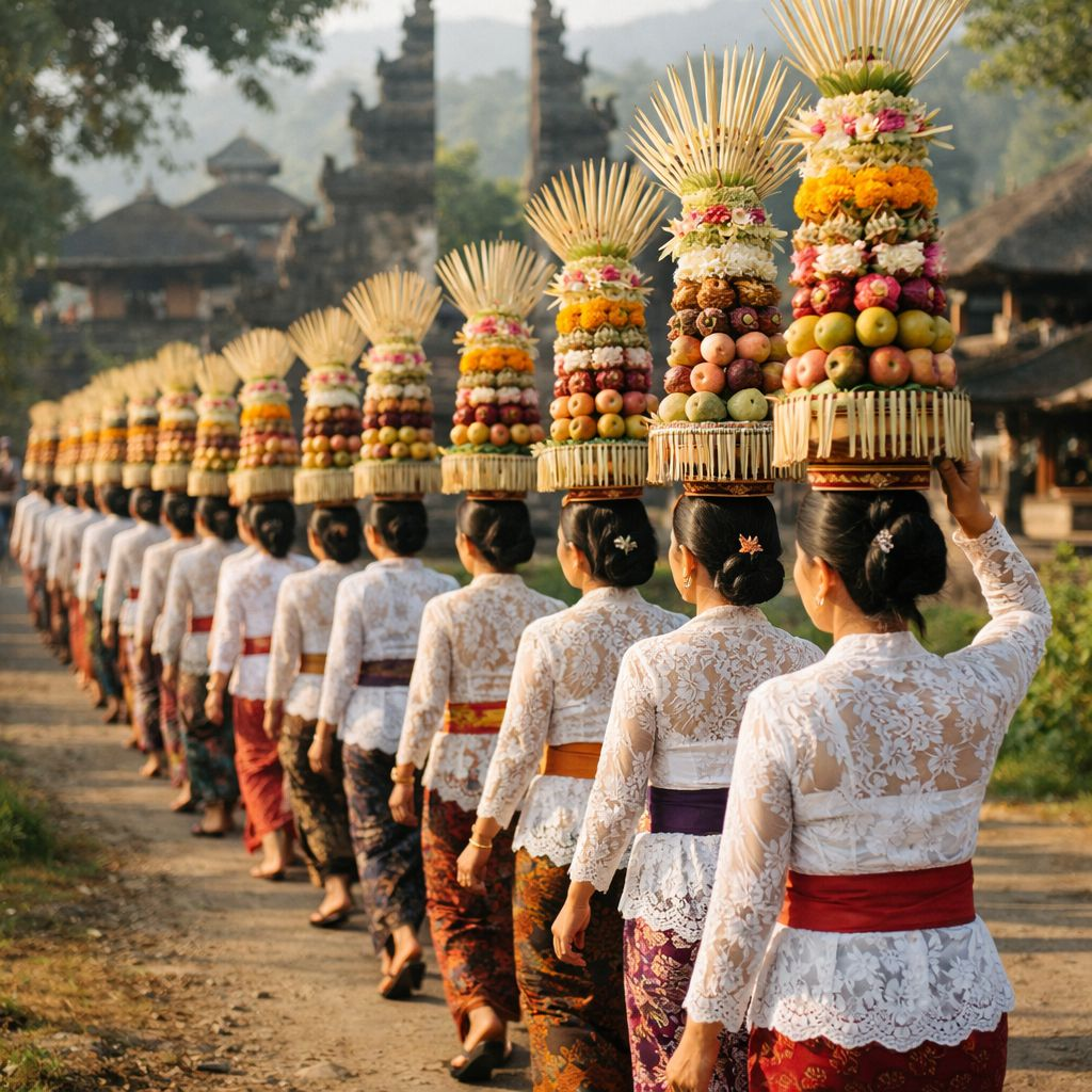 Tradisi mapeed banten di Bali dengan perempuan membawa gebogan berwarna-warni menuju pura