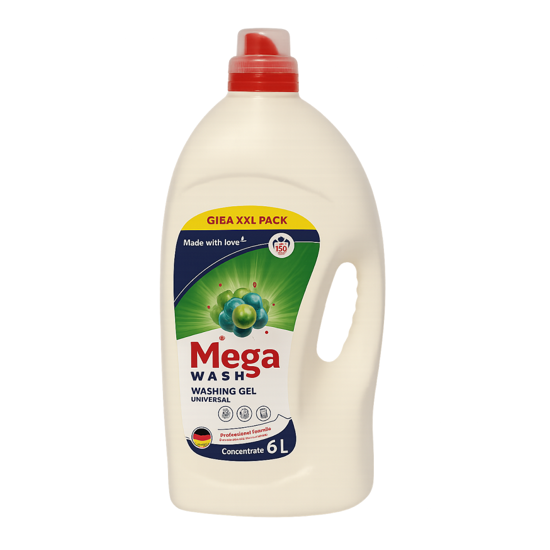 Mega Wash Universal 6L – Universal-Waschgel, Hersteller von Haushaltschemie, Großhandel Waschmittel Deutschland Österreich Schweiz, Alternative zu Ariel Persil Lenor