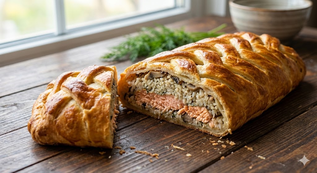 Традиционная русская кулебяка с лососем в разрезе