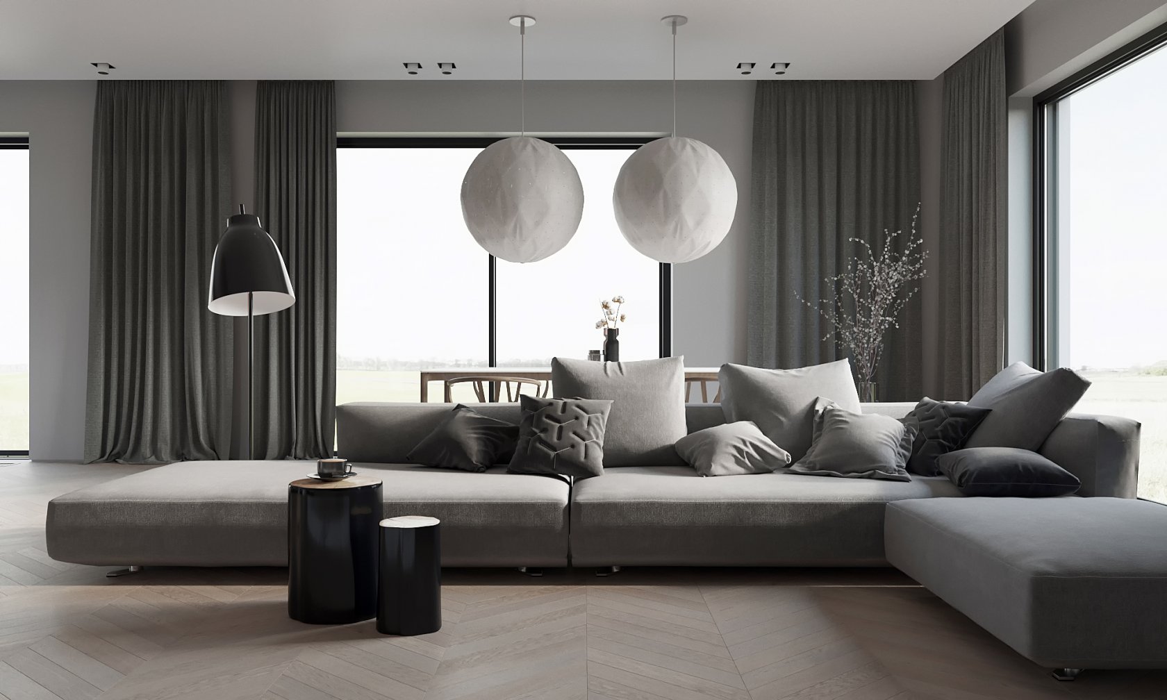 Интерьер гостиной в сером цвете в современном стиле