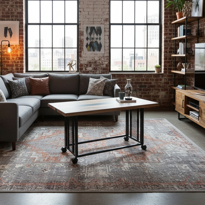 Деревянный журнальный столик в стиле лофт в интерьере современной гостиной. Мебель для дома и квартиры.