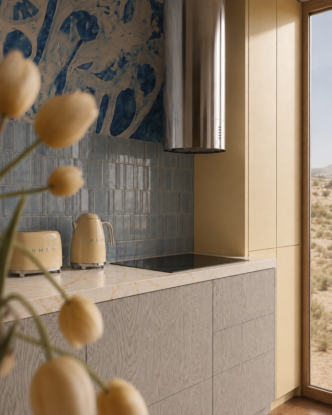 Kitchen hob, sculptural extractor and tall cabinetry