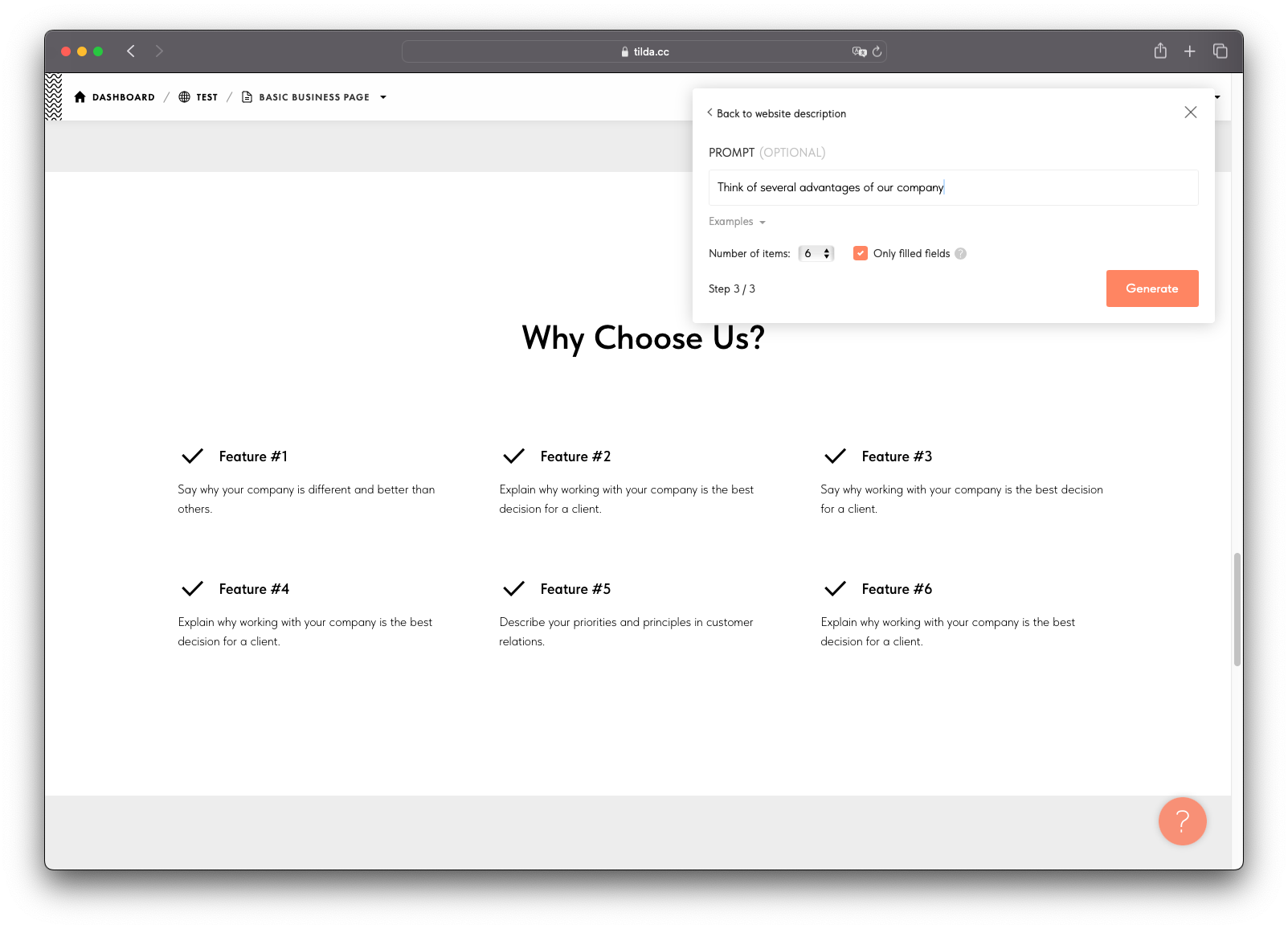 Generate website copy by using ai artificial intelligence on tilda