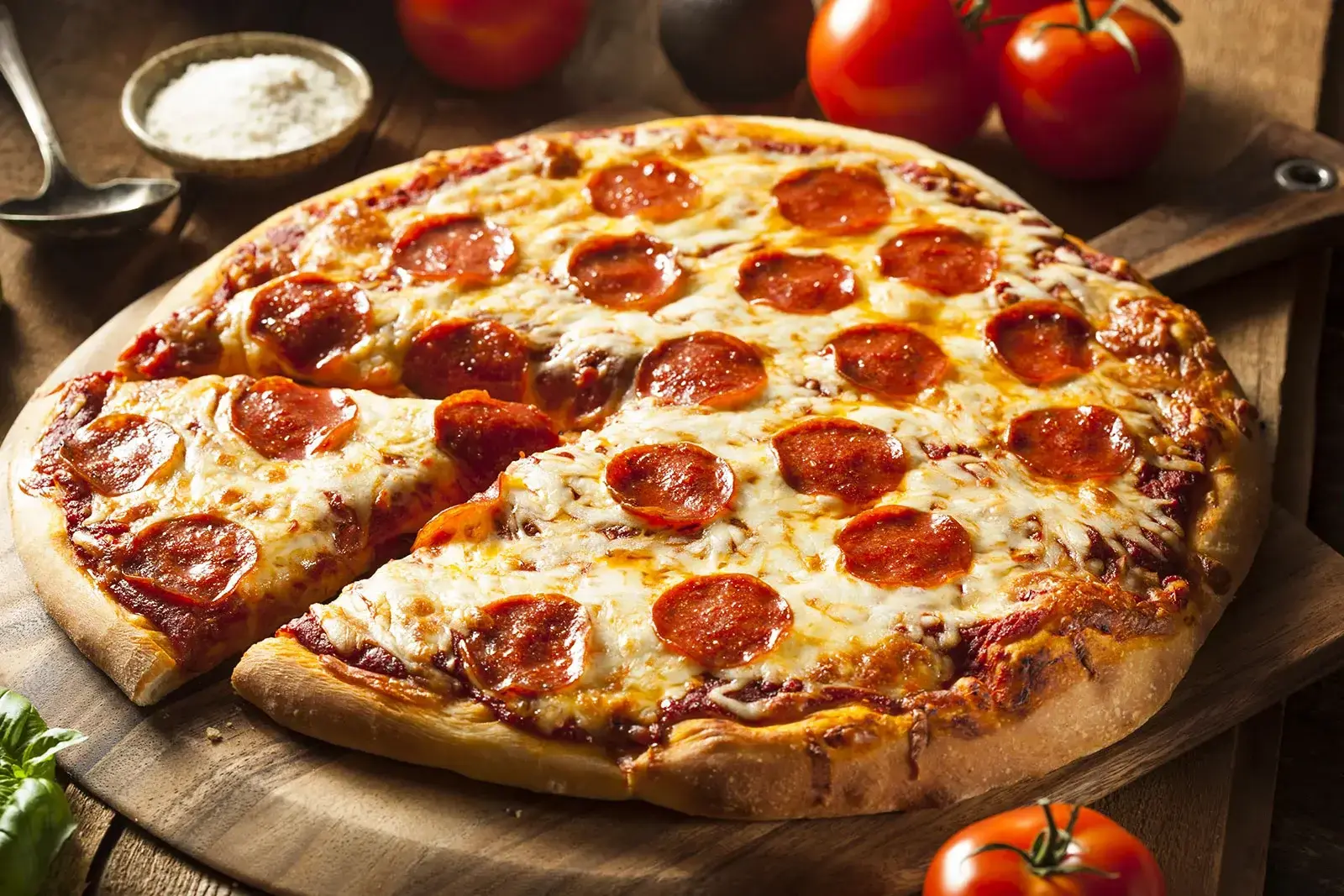A close-up view of a freshly baked pepperoni pizza with generous toppings and melted mozzarella cheese ready to be sliced as we search for the best pizza in Seminyak.