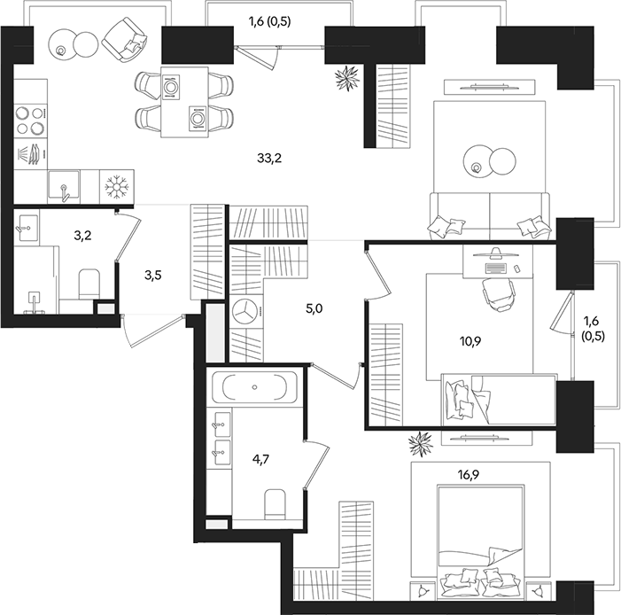 3‑комн квартира ~88 м²
