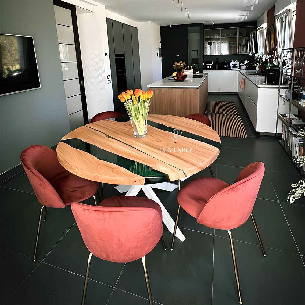 Tavolo rotondo da pranzo in olmo e resina verde bosco