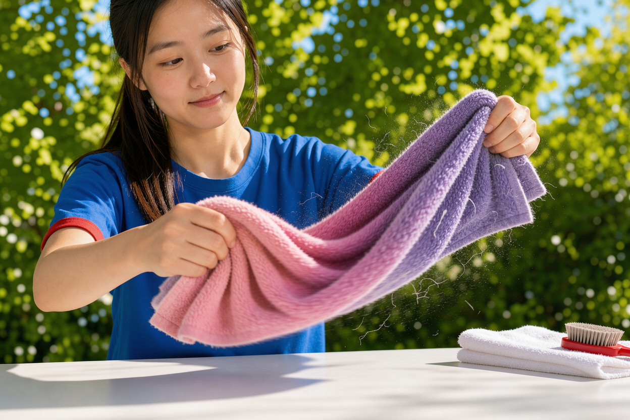 close-up of a person shaking a plush terry towel outdoors to remove lint, sunlight filtering through leaves in the background