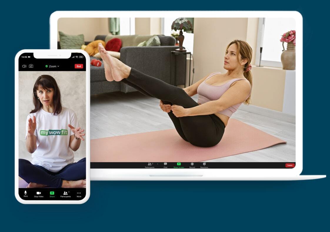 woman doing pilates workouts with a personal trainer online