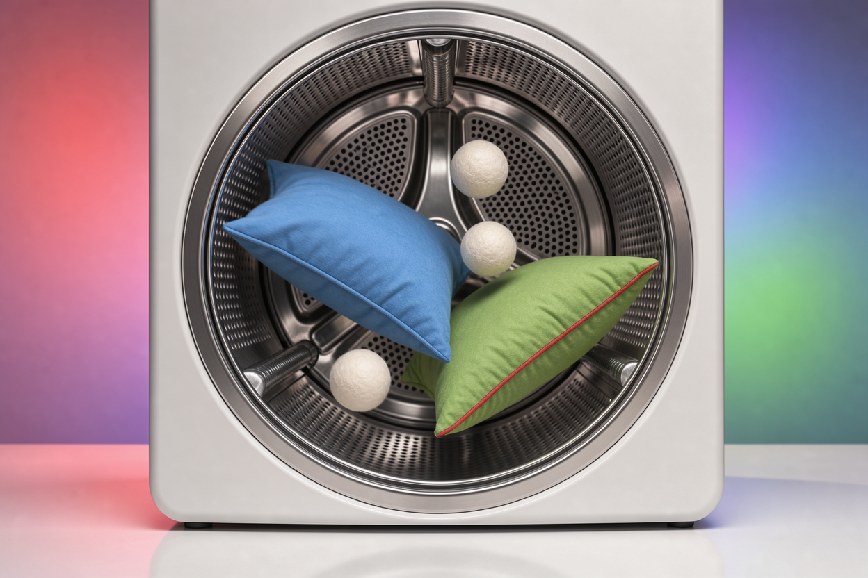 Dryer drum with two pillows and three white dryer balls bouncing inside, showing motion but no brand names