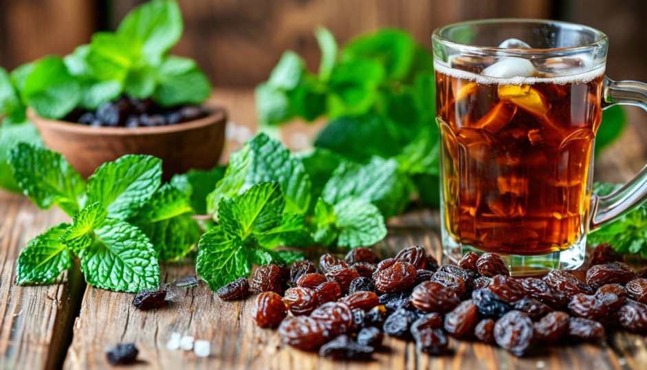 Квас из чёрного хлеба с мятой и смородиной