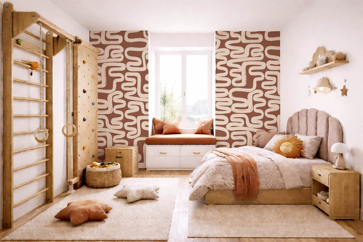 Детская спальня в теплых бежево-коричневых тонах с деревянной кроватью, мягким текстилем, спортивным уголком со шведской стенкой, окном с мягким сиденьем и акцентной стеной с геометрическим узором