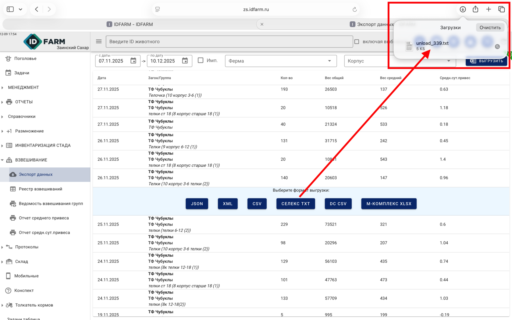 Сохранённый файл экспорта