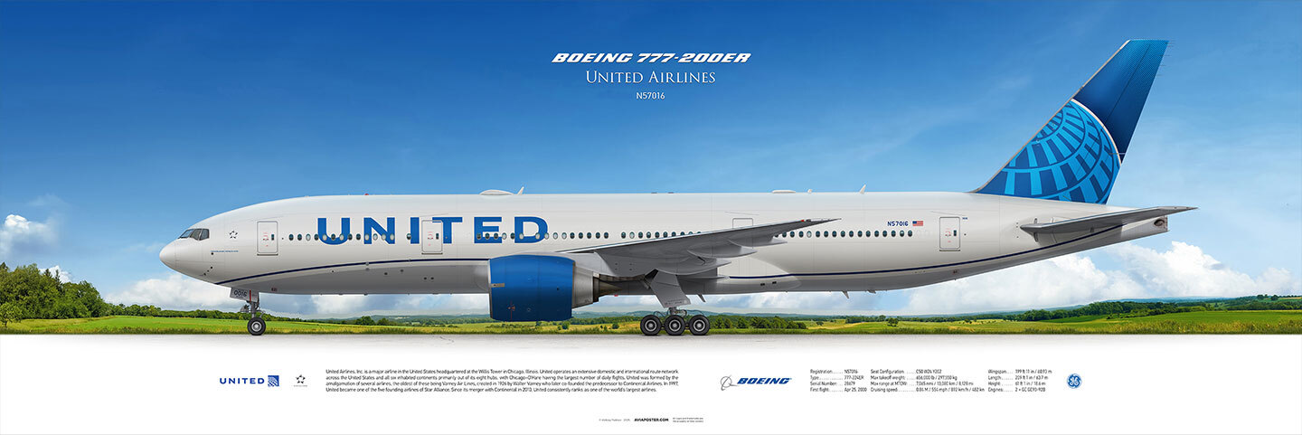 United Airlines Boeing 777-200 aircraft on a landscape background