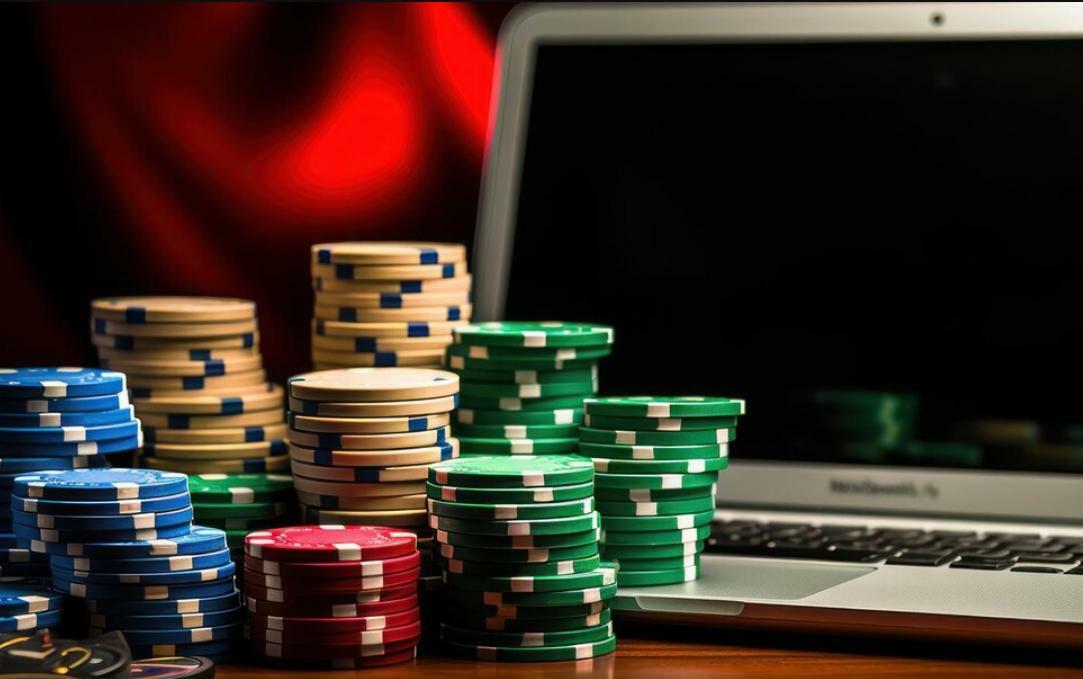 Intraday trading: Stacks of casino chips in front of a laptop representing a question: Is Day Trading Gambling?