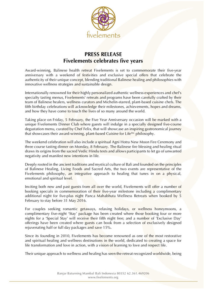 Fivelements Press Releases