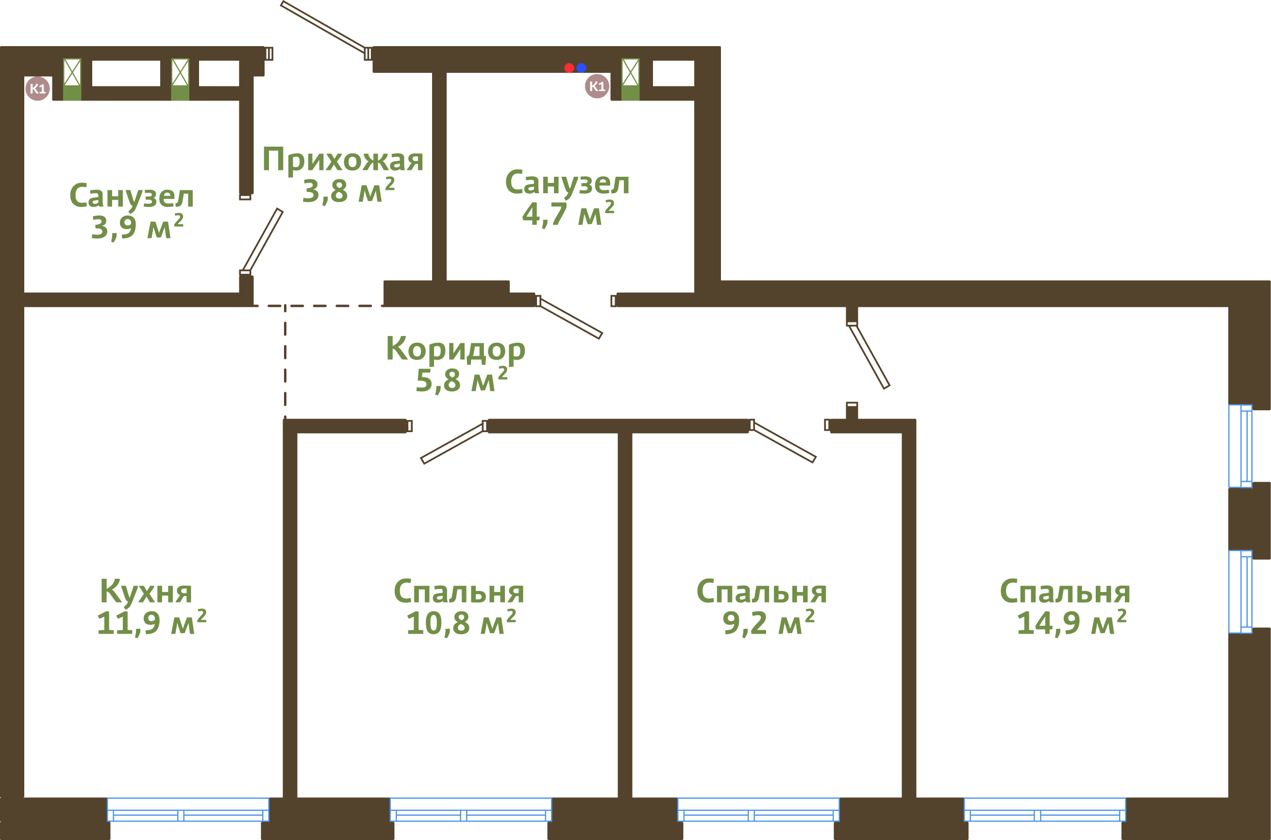 Планировка 3-комнатной квартиры 65 м²