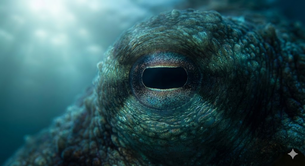 Глаз осьминога крупным планом с прямоугольным зрачком