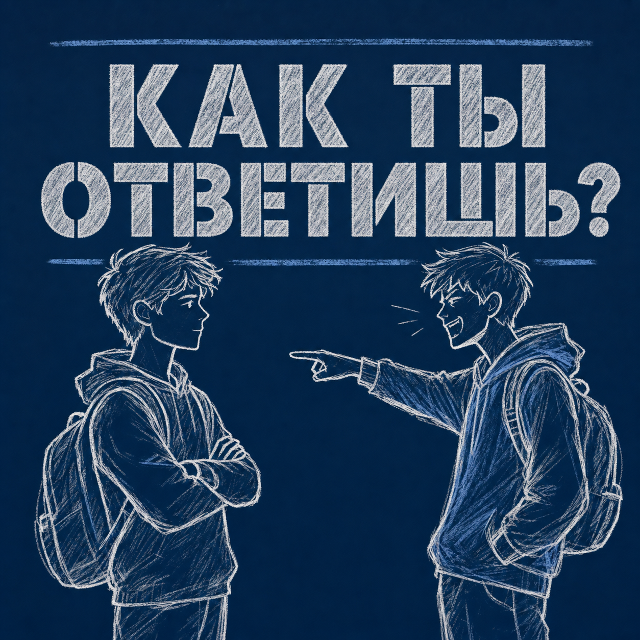 Иллюстрация: два подростка, один указывает на другого — «Как ты ответишь?»