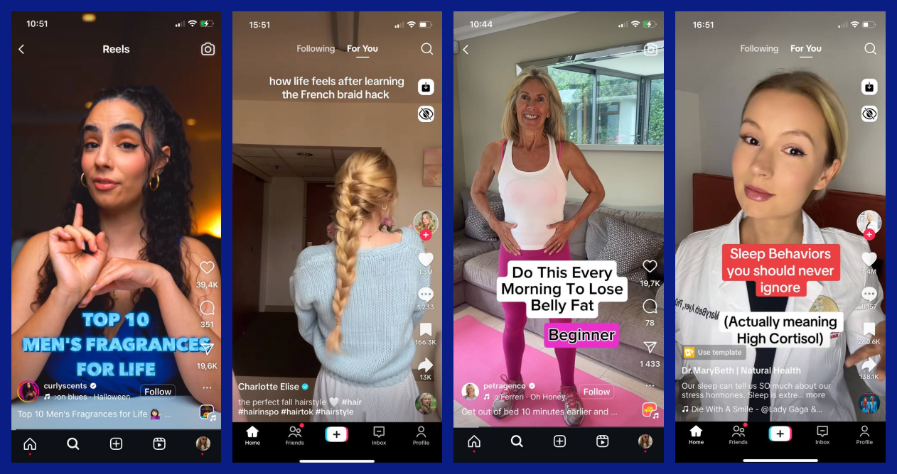 The image shows four screenshots: two from TikTok and two from Instagram. The screenshots demonstrate the various hooks that content creators use to stop users from paying attention to their videos.