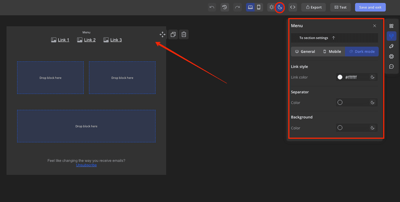 Click on menu block in dark mode to open settings
