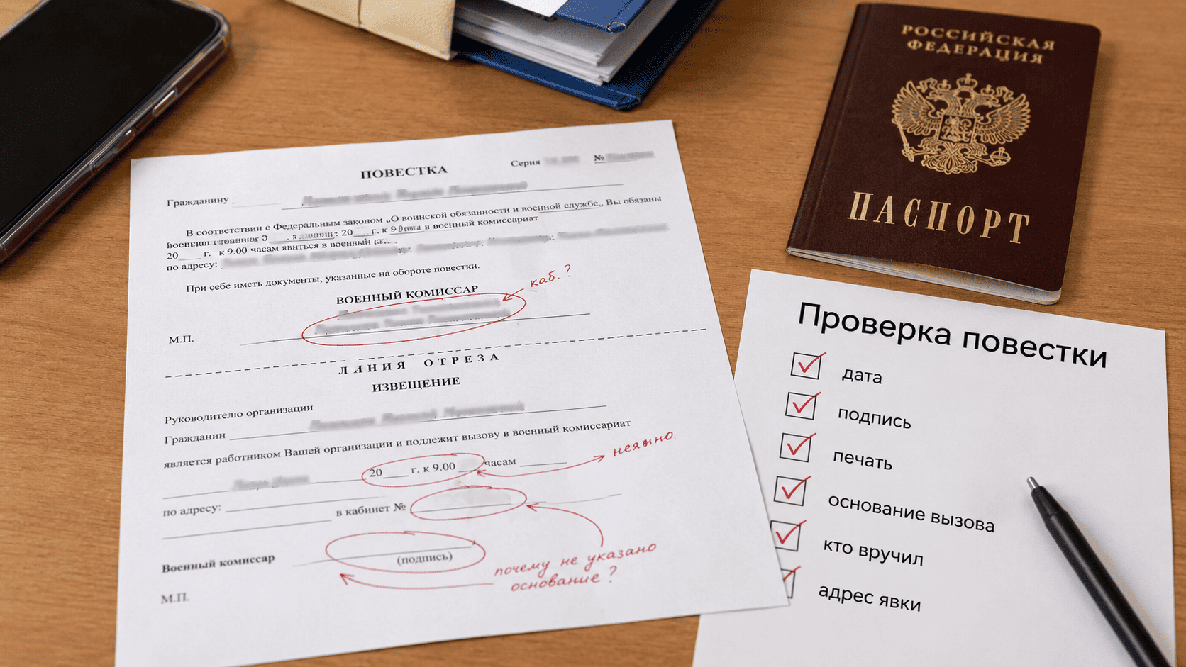 Призывник читает документы перед подписью и держит папку медицинских выписок