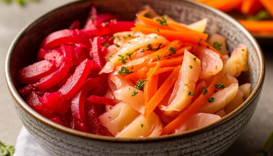 Маринованная капуста с морковью и свеклой быстрого приготовления