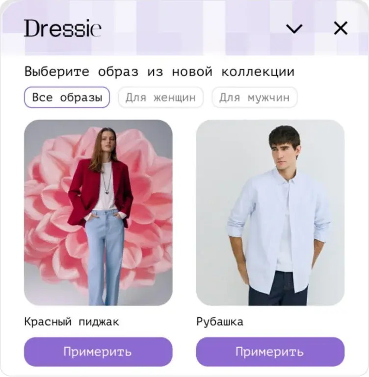 Мини-приложение Dressie: выбор образа из новой коллекции и кнопки «Примерить»