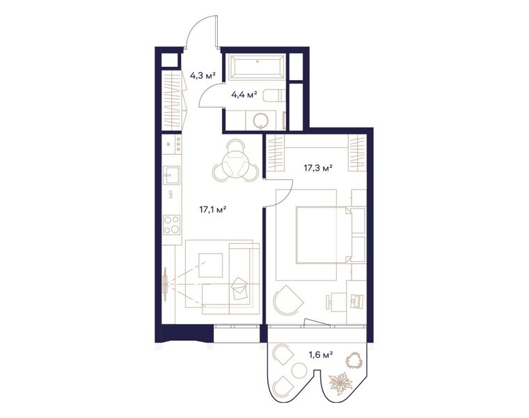 Планировка 1-комнатной квартиры 45 м² в ЖК «СОЮЗ»: дом 2, 12-й этаж