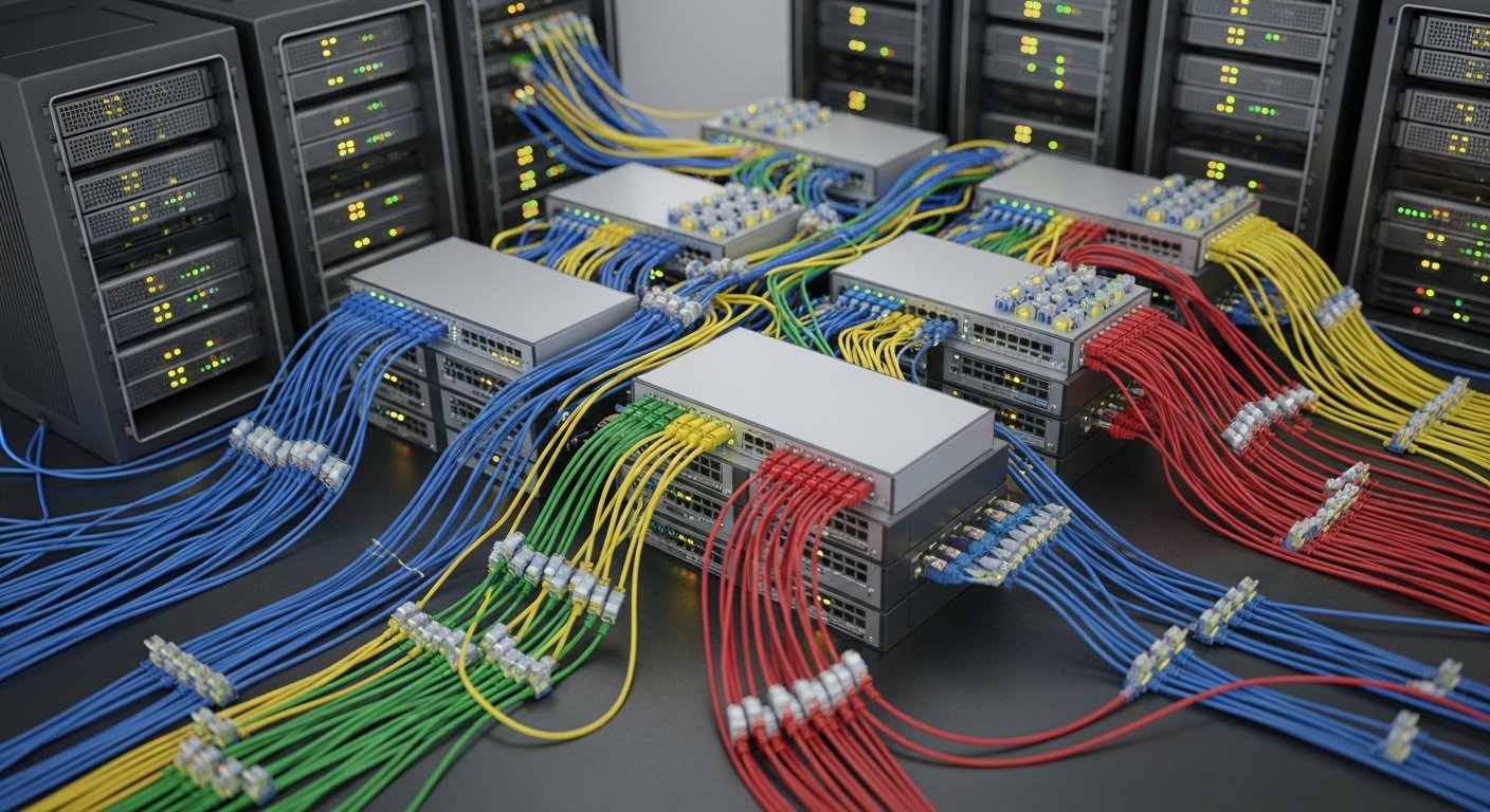 Сетевые коммутаторы и кабели Ethernet, связывающие несколько серверов с выделенными VLAN, схема в перспективе.
