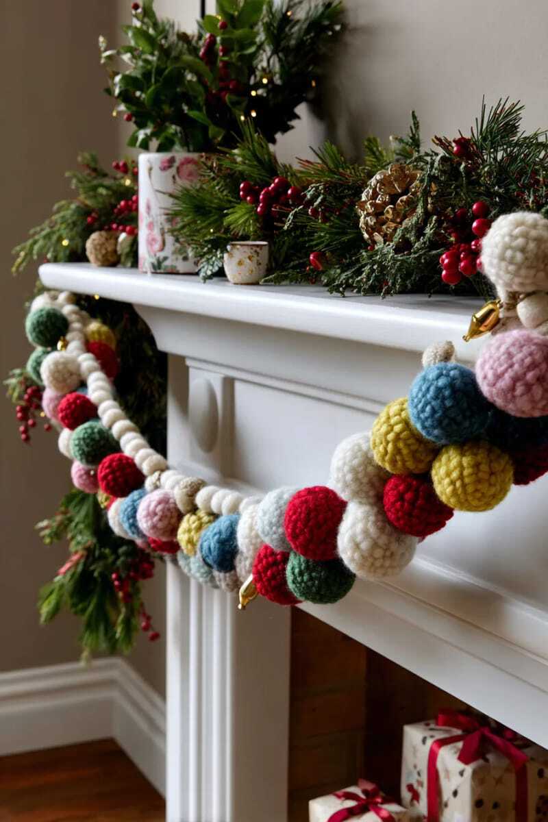 эффектная гирлянда из крупных разноцветных шерстяных бусин и крошечных золотых колокольчиков 1