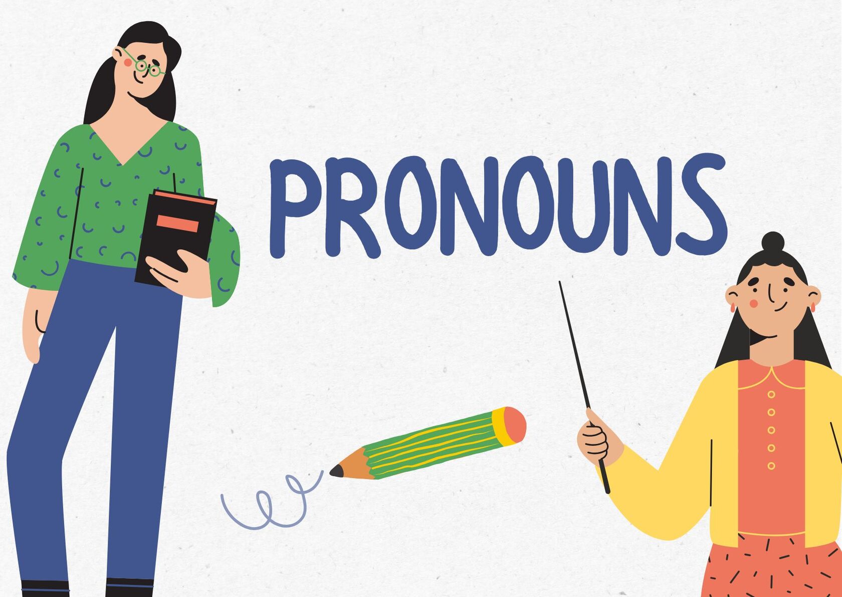 Pronouns — иллюстрация с учителем, студенткой и надписью о местоимениях в английском языке