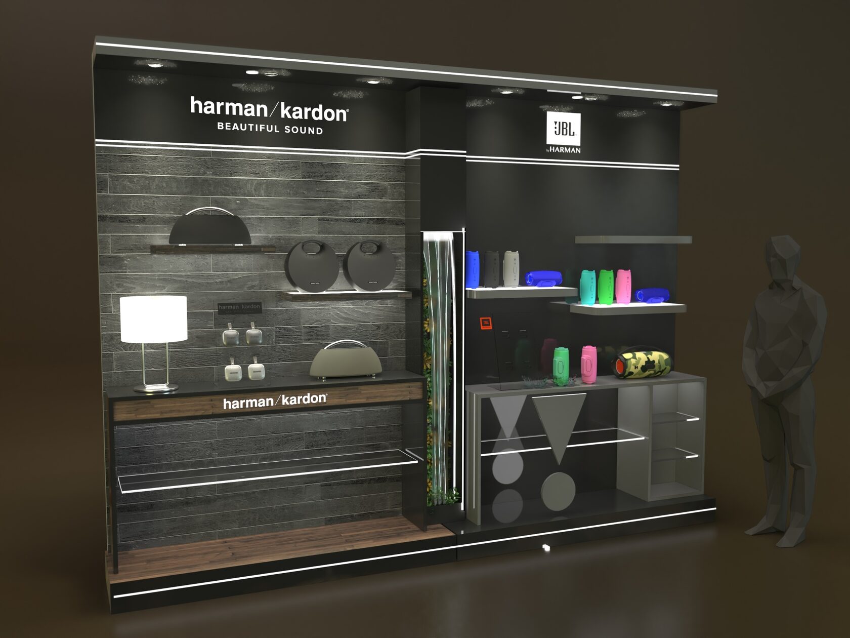 Вторая концепция Harman Kardon и JBL: общий верхний козырёк, графитовая секция JBL и центральная световая колонна с имитацией водопада