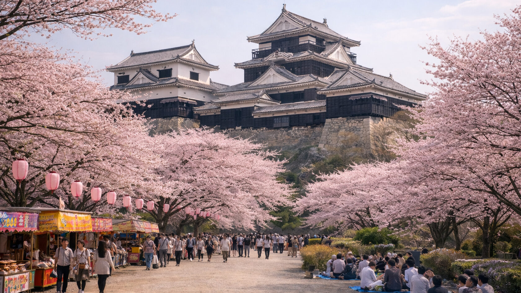 Цветущие сакуры. Замок Мацуяма. Япония