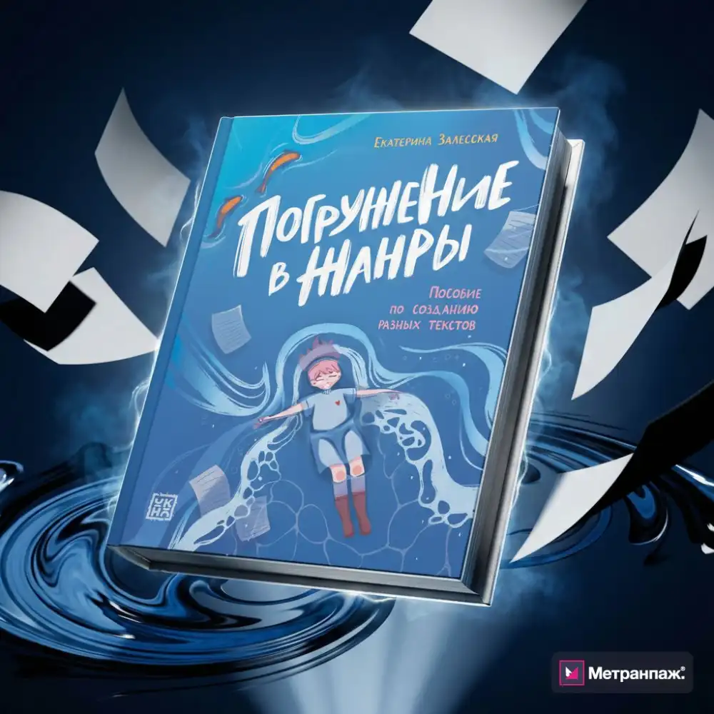 Объёмный мокап книги над тёмной водой с летящими страницами